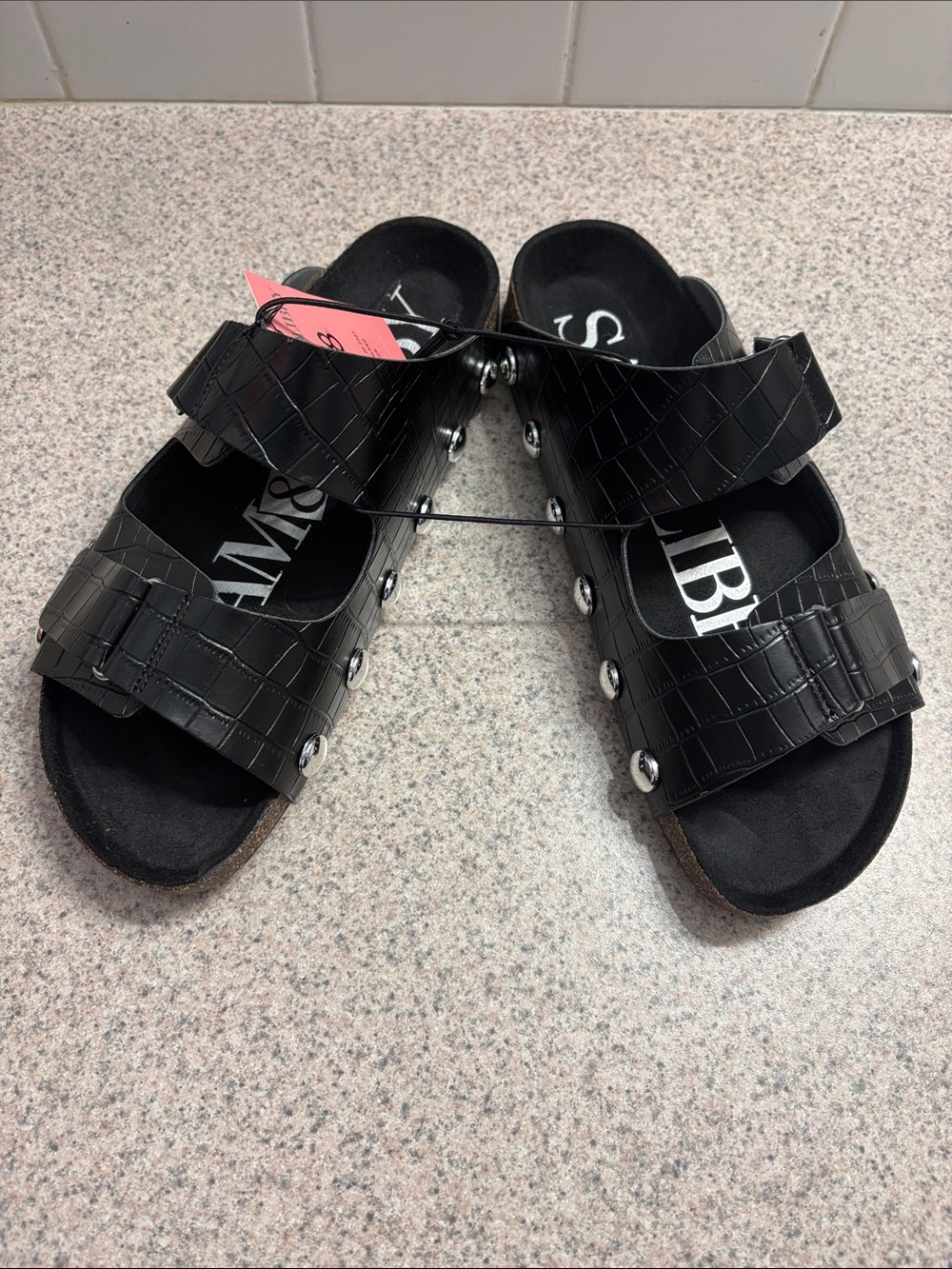 Sam & Libby Black Faux-Croc Double Strap Slide Sandals with Silver Studs